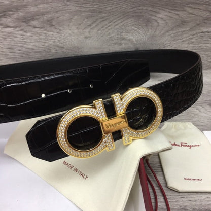 Ferragamo adjustable Gancini belt black croc skin / gold diamond buckle