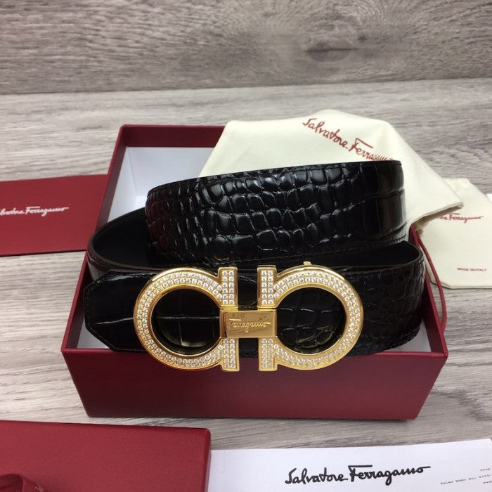 Ferragamo adjustable Gancini belt black croc skin / gold diamond buckle