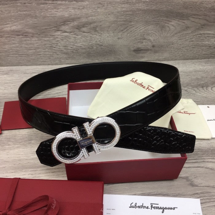 Ferragamo adjustable Gancini belt black croc skin / silver diamond buckle