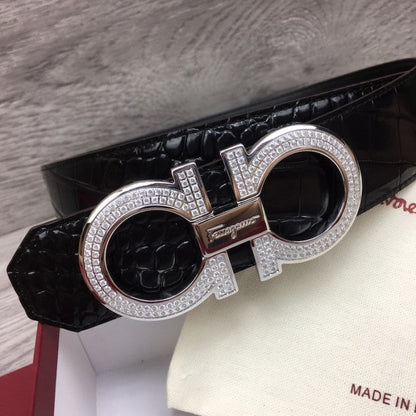 Ferragamo adjustable Gancini belt black croc skin / silver diamond buckle