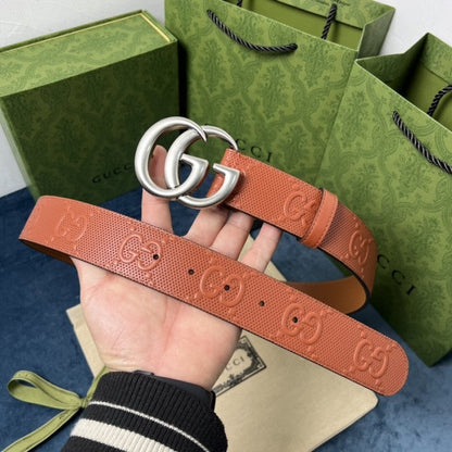 Gucci GG Marmont embossed leather belt Brown