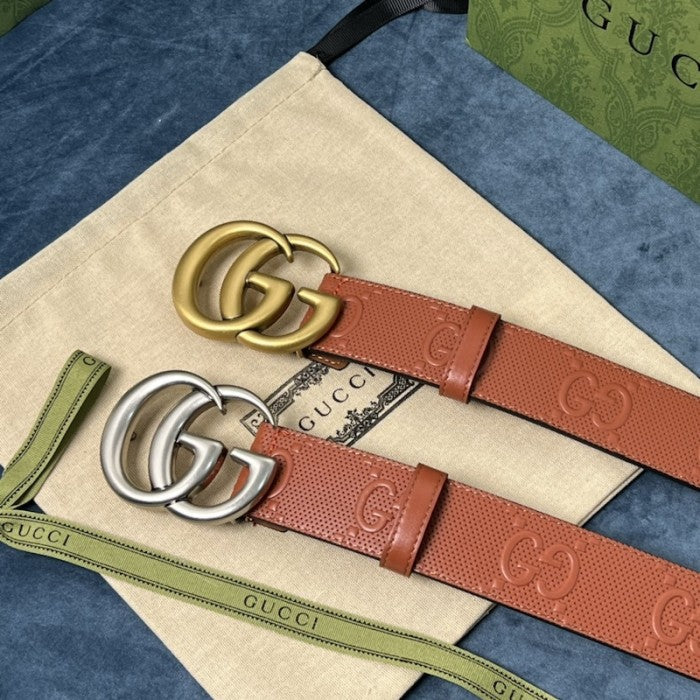 Gucci GG Marmont embossed leather belt Brown