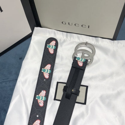 Gucci GG Marmont thin belt with bees Black