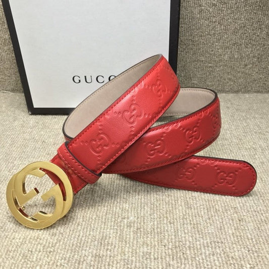 Gucci Signature Guccissima Leather Belt Red with Gold