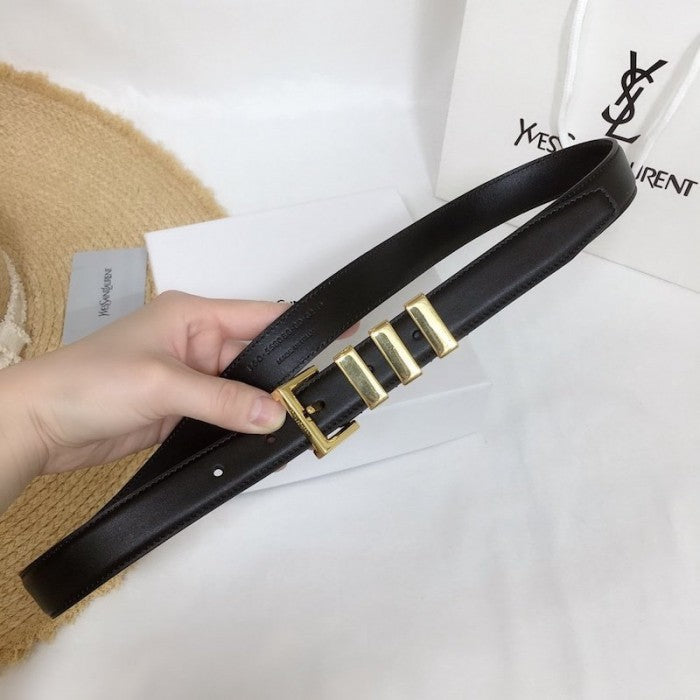 YSL Cassandre Monogram Belt in Black Leather / Gold