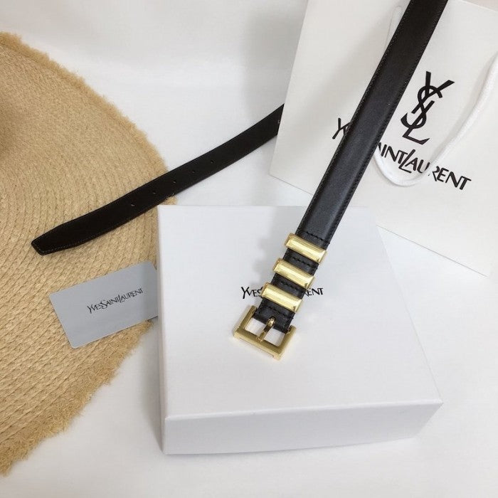 YSL Cassandre Monogram Belt in Black Leather / Gold