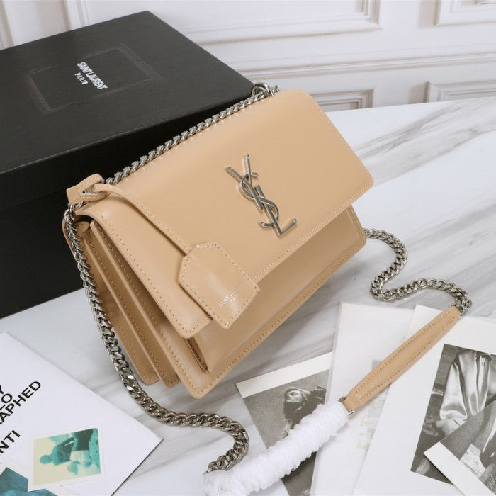 YSL Sunset Chain Leather Bag Beige with Silver