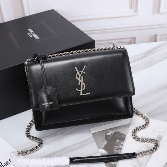 YSL Sunset Chain Leather Bag Black with Silver