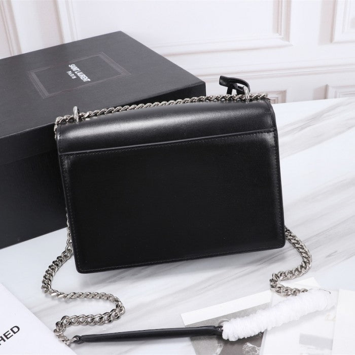 YSL Sunset Chain Leather Bag Black with Silver