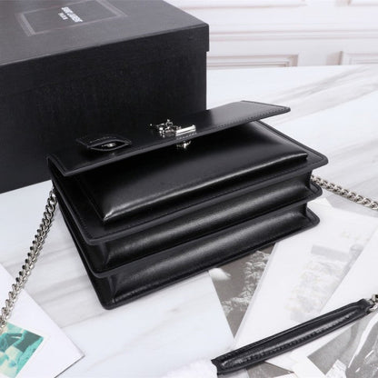 YSL Sunset Chain Leather Bag Black with Silver