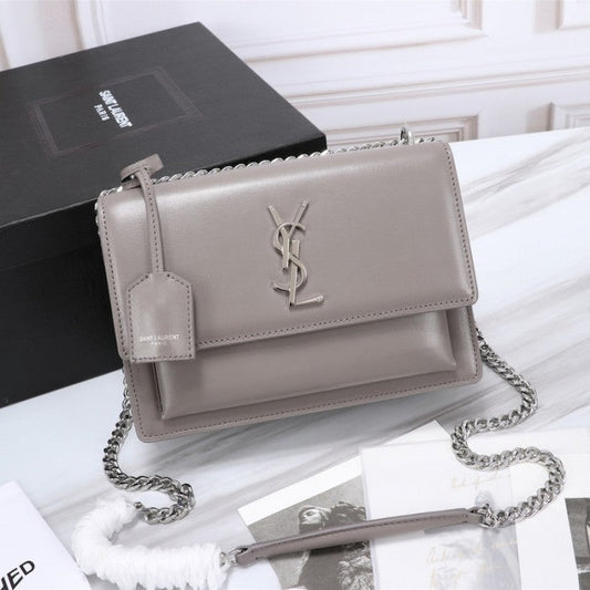 YSL Sunset Chain Leather Bag Grey with Silver