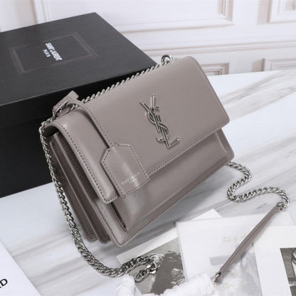 YSL Sunset Chain Leather Bag Grey with Silver