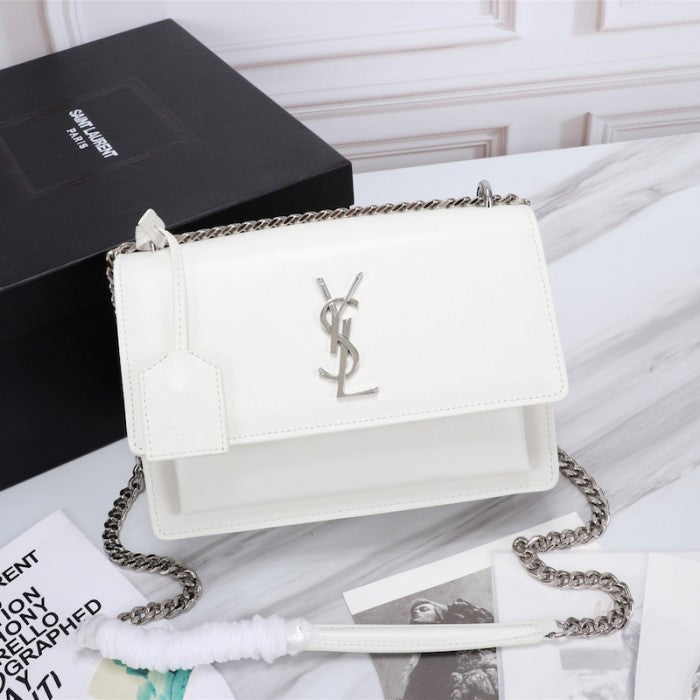 YSL Sunset Chain Leather Bag White with Silver