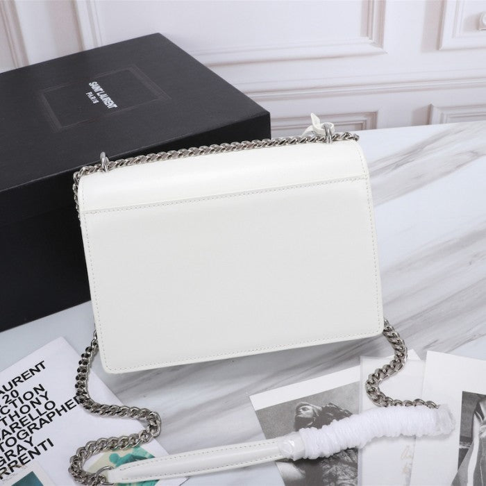 YSL Sunset Chain Leather Bag White with Silver