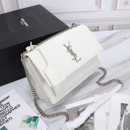 YSL Sunset Chain Leather Bag White with Silver