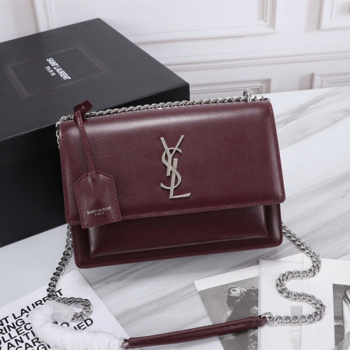 YSL Sunset Chain Leather Bag Burgundy with Silver