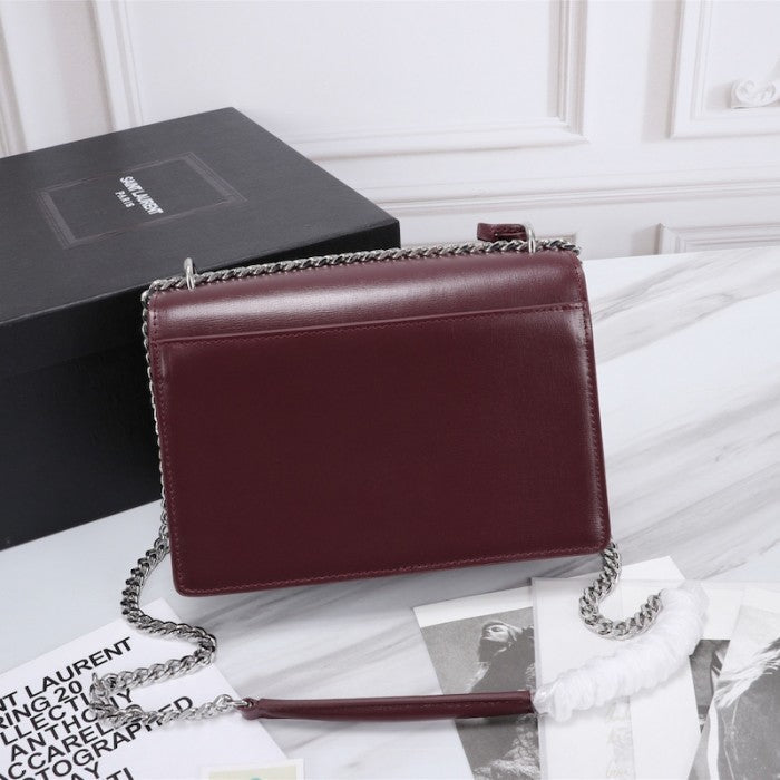 YSL Sunset Chain Leather Bag Burgundy with Silver