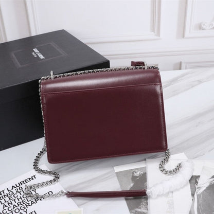 YSL Sunset Chain Leather Bag Burgundy with Silver