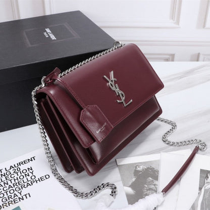 YSL Sunset Chain Leather Bag Burgundy with Silver