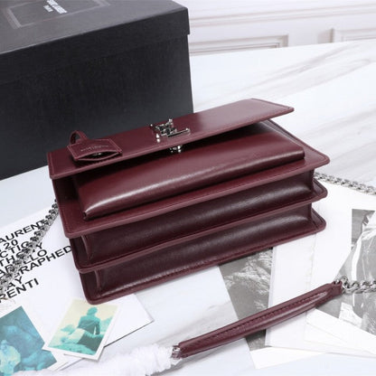 YSL Sunset Chain Leather Bag Burgundy with Silver