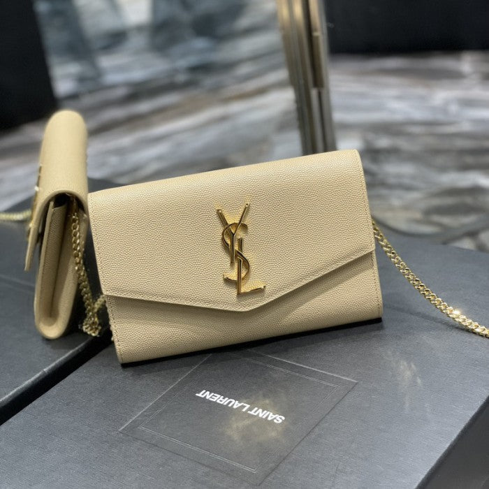 Saint Laurent uptown chain wallet in grain de poudre embossed leather beige