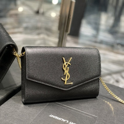 Saint Laurent uptown chain wallet in grain de poudre embossed leather black