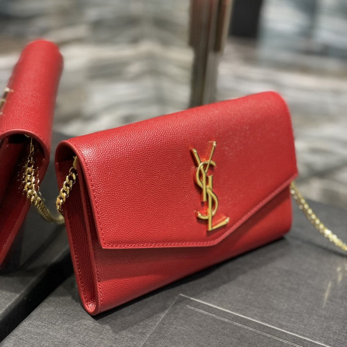 Saint Laurent uptown chain wallet in grain de poudre embossed leather red