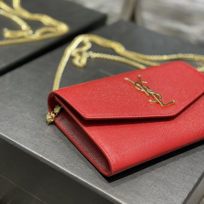 Saint Laurent uptown chain wallet in grain de poudre embossed leather red