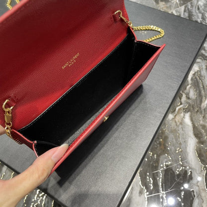 Saint Laurent uptown chain wallet in grain de poudre embossed leather red