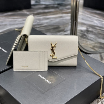 Saint Laurent uptown chain wallet in grain de poudre embossed leather white