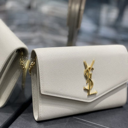 Saint Laurent uptown chain wallet in grain de poudre embossed leather white